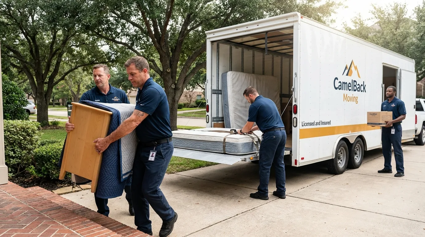 Crew loading residential truck for cross-state move from Post, TX