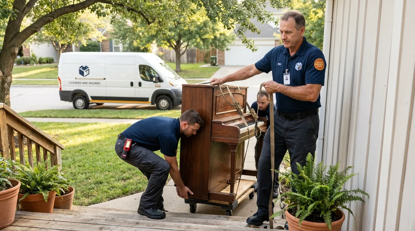 Licensed piano movers securing grand piano in Post, TX