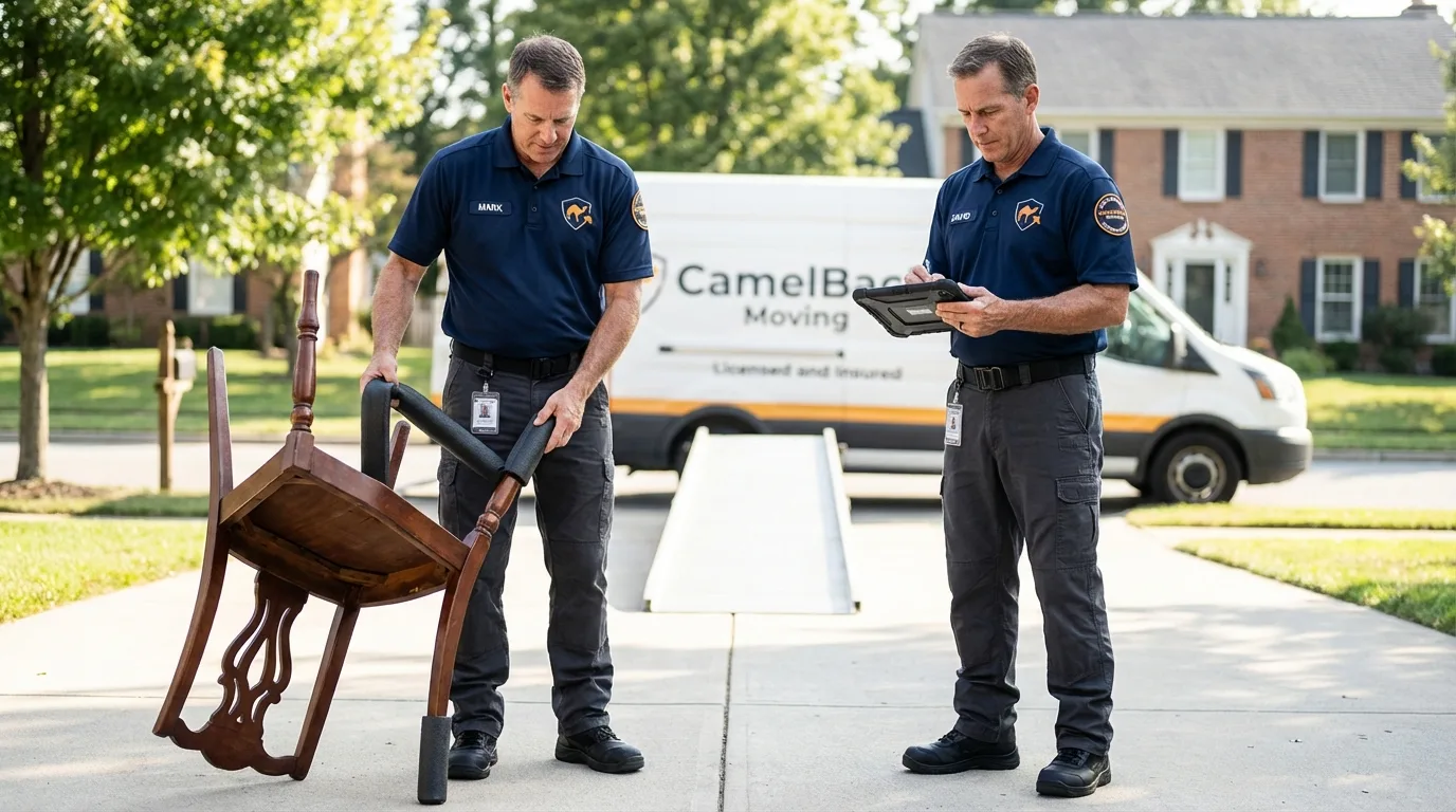 Movers inspecting furniture for damage prevention before loading in Post, TX