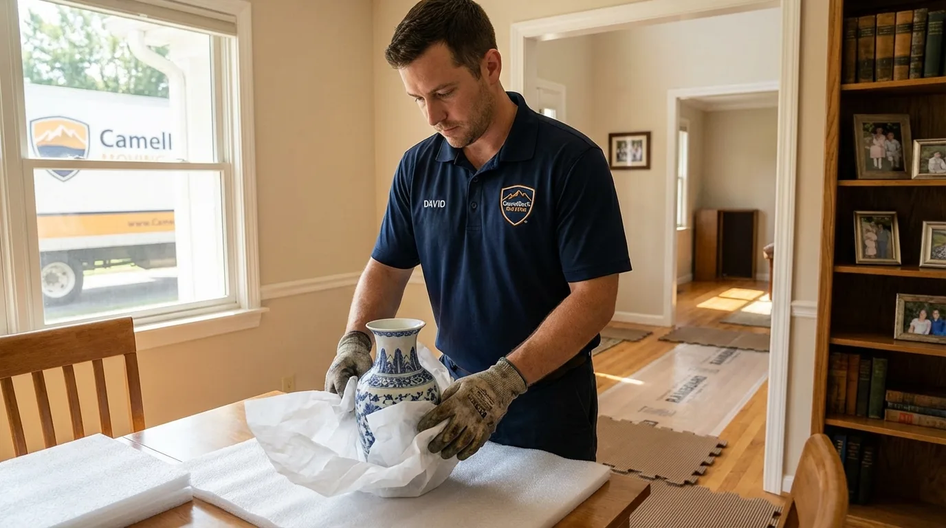 Professional crew carefully wrapping antique vase for senior downsizing move in Post, TX
